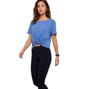 ZYIA Womens Blouse Sz Medium Blue Front Swirl Short Sleeve Activewear Workout